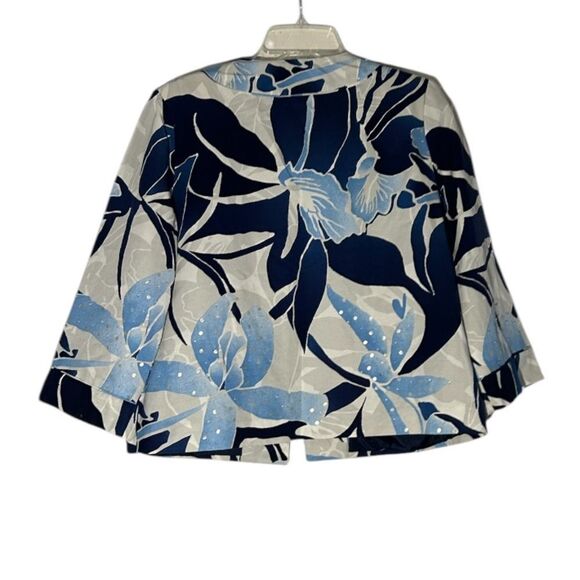 Chico's Ice Garden Frannie Ink White Blue Silk Cotton Sequin Blazer Size L 12 - Picture 2 of 9